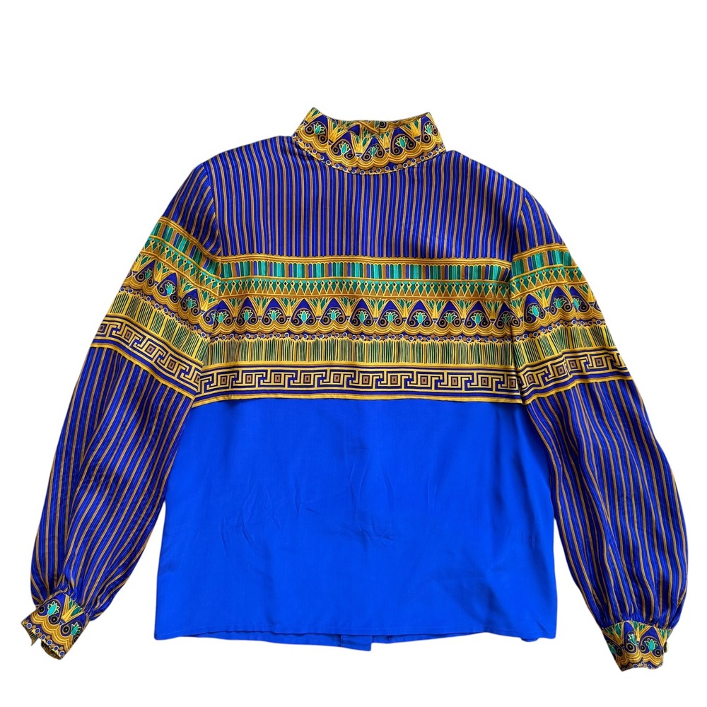 Adrianna Papell Vintage 100% Silk Blouse Egyptian Print Mock Neck Blue Size 6
